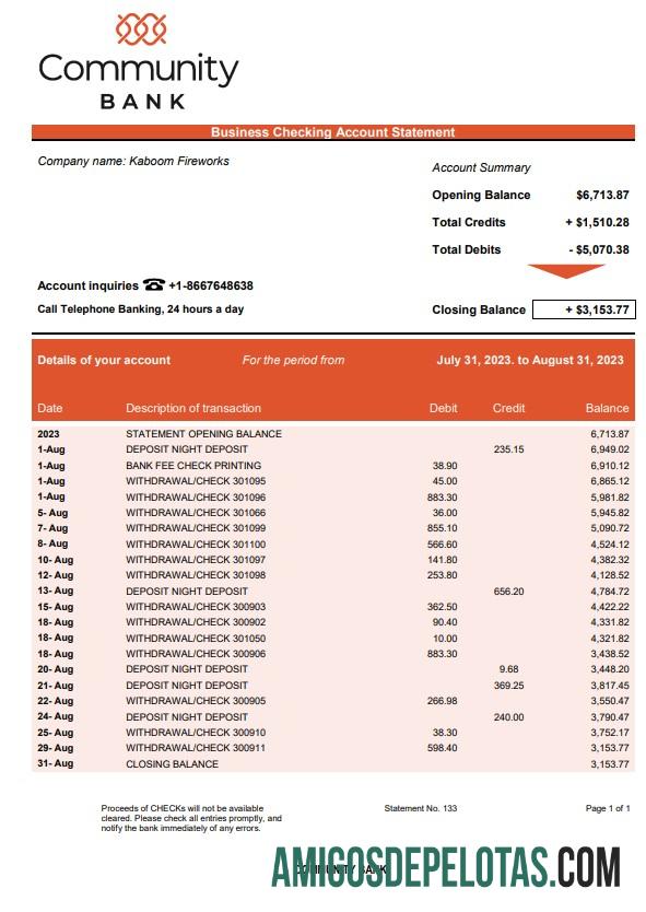 Baixável Community Bank Business Statement modelo Word e PDF